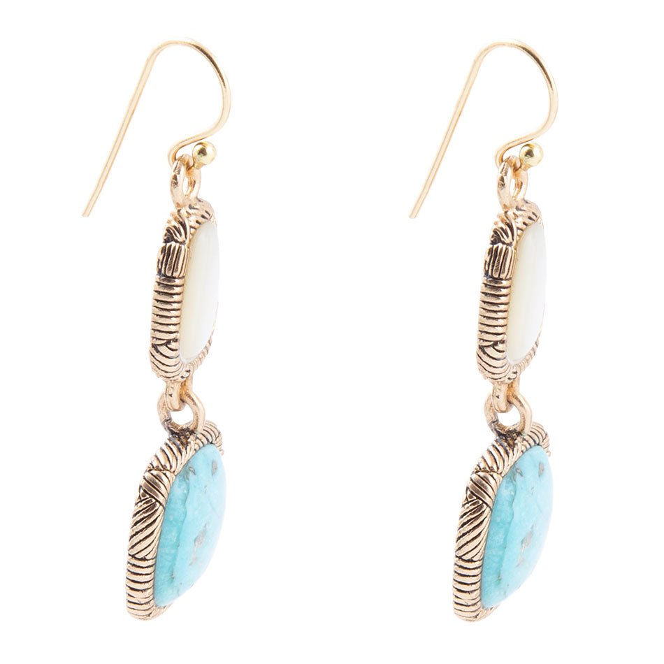 White Mother of Pearl and Blue turquoise Golden Bronze Drop Earrings Barse Jewelry