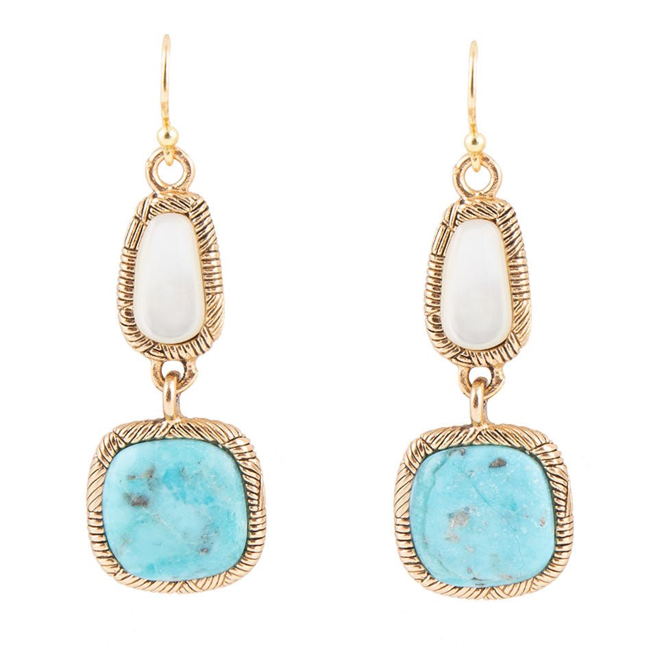 White Mother of Pearl and Blue turquoise Golden Bronze Drop Earrings Barse Jewelry