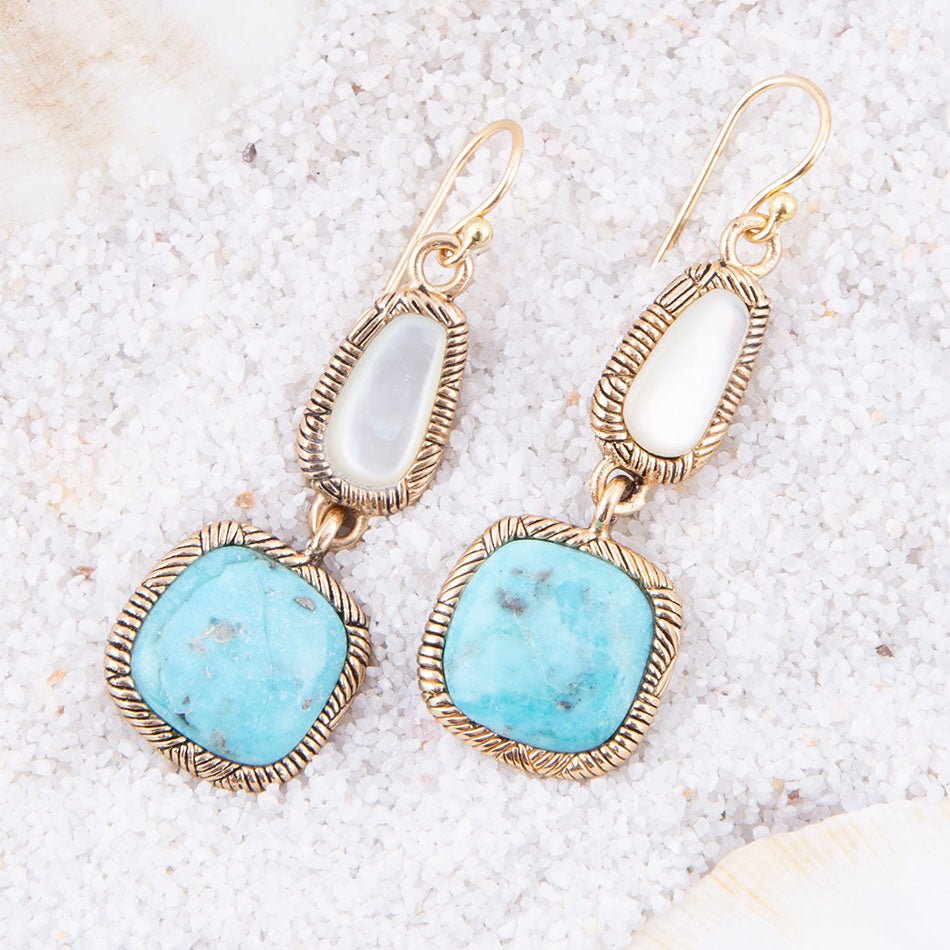 White Mother of Pearl and Blue turquoise Golden Bronze Drop Earrings Barse Jewelry