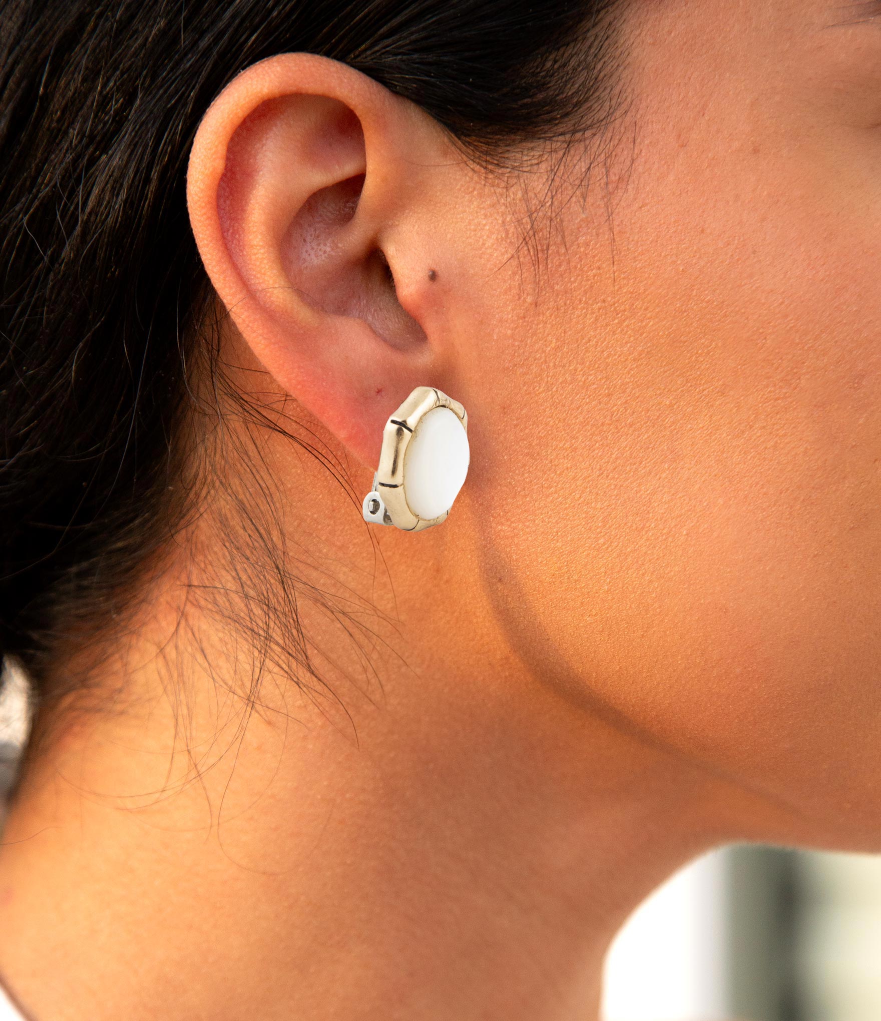 White Mother of Pearl Golden Bamboo Clip Earrings Barse Jewelry