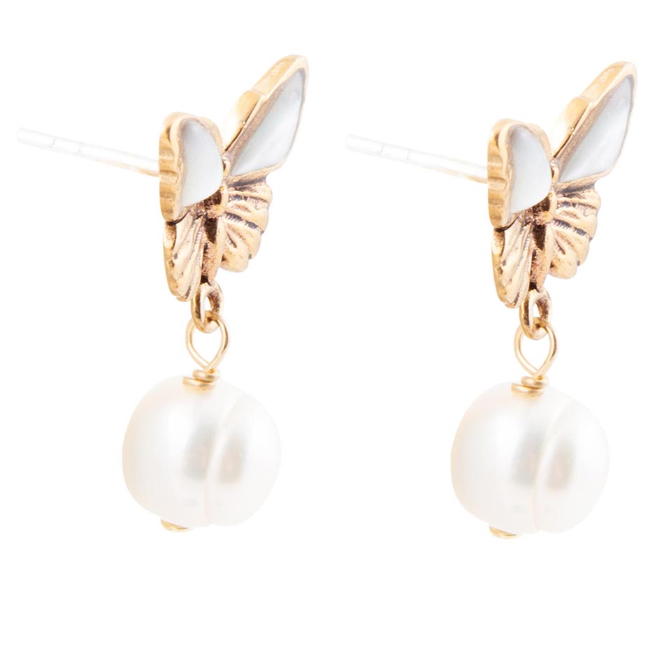 White Mother of Pearl Golden Butterflies Post Drop Earrings Barse Jewelry