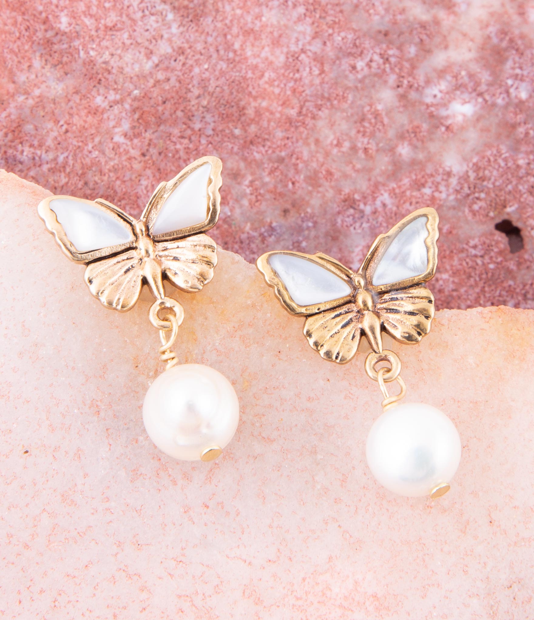 White Mother of Pearl Golden Butterflies Post Drop Earrings Barse Jewelry