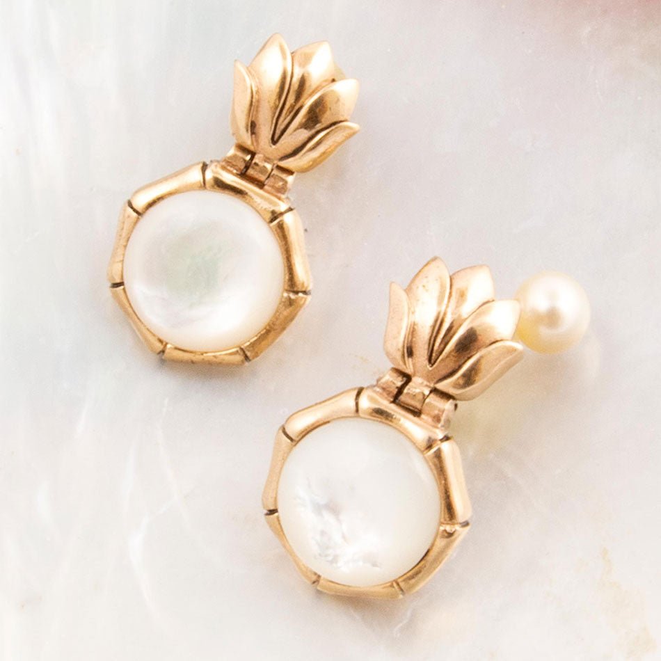 White Mother of Pearl Lotus Post Golden Drop Earrings Barse Jewelry