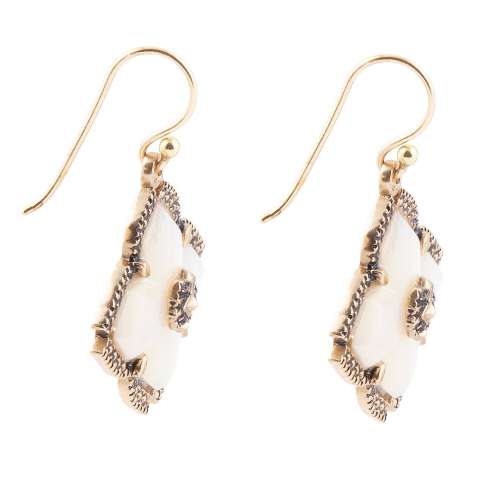 White Mother of Pearl Maltese Cross Golden Drop Earrings Barse Jewelry