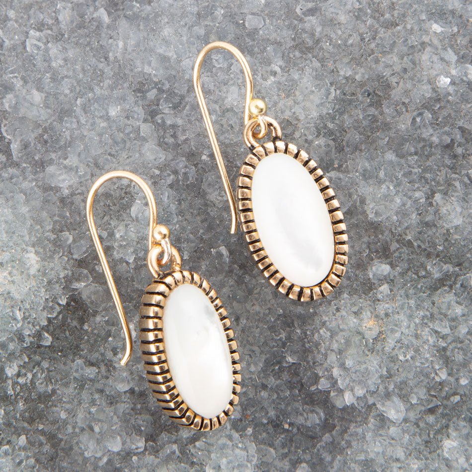 White Mother of Pearl Oval Golden Drop Earrings Barse Jewelry