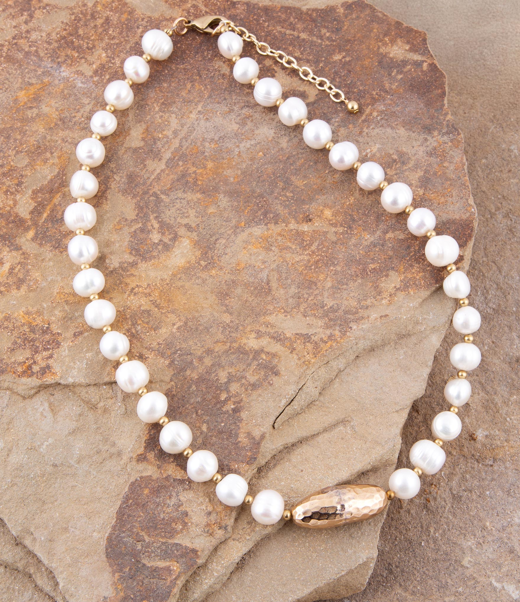 White Pearl Golden Beaded Strand Necklace Barse Jewelry