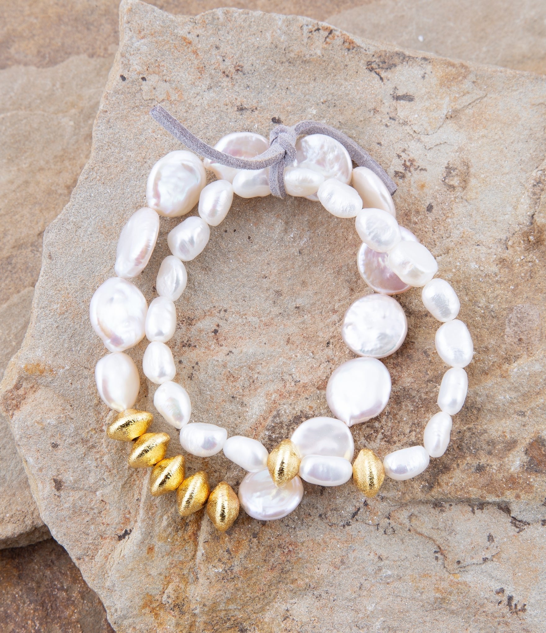 White Pearl Golden Stretch Bracelet Set Barse Jewelry
