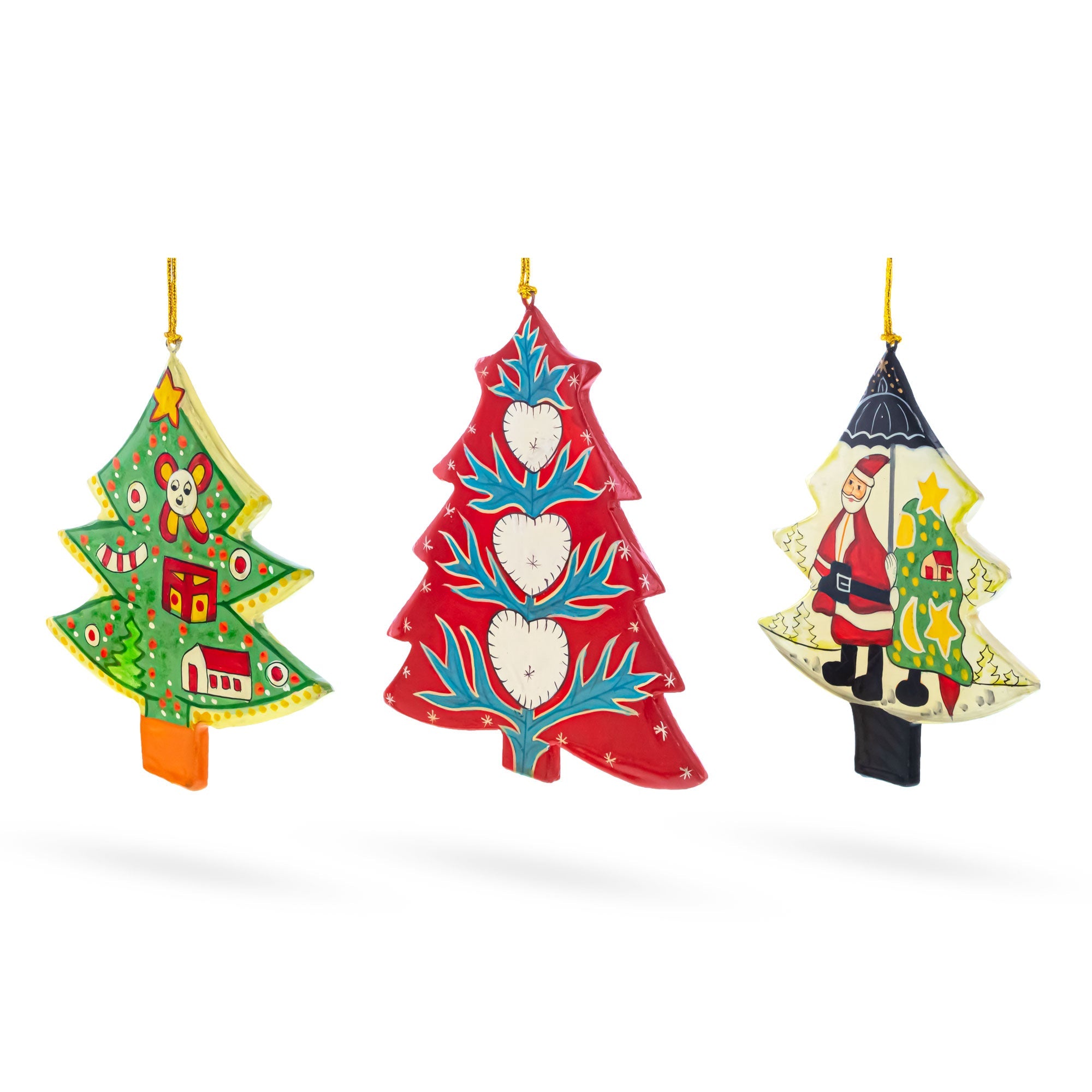 Set of 3 Colorful Holiday Trees with Santa and Hearts Wooden Christmas Ornaments BestPysanky