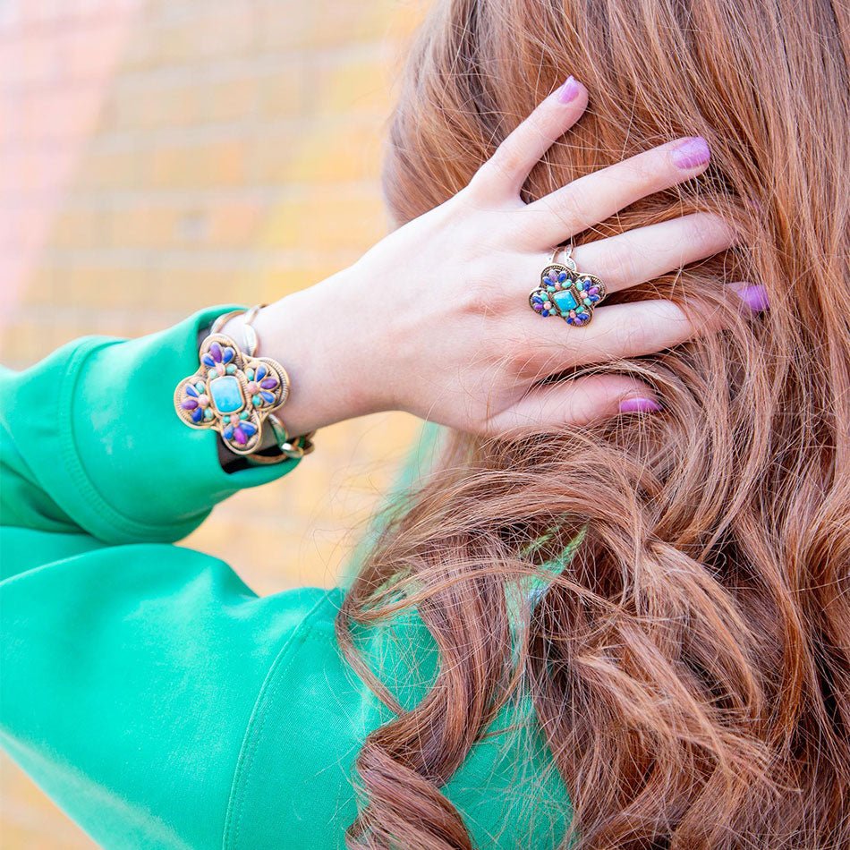 Zion Blue Turquoise Colorful Golden Cross Ring Barse Jewelry