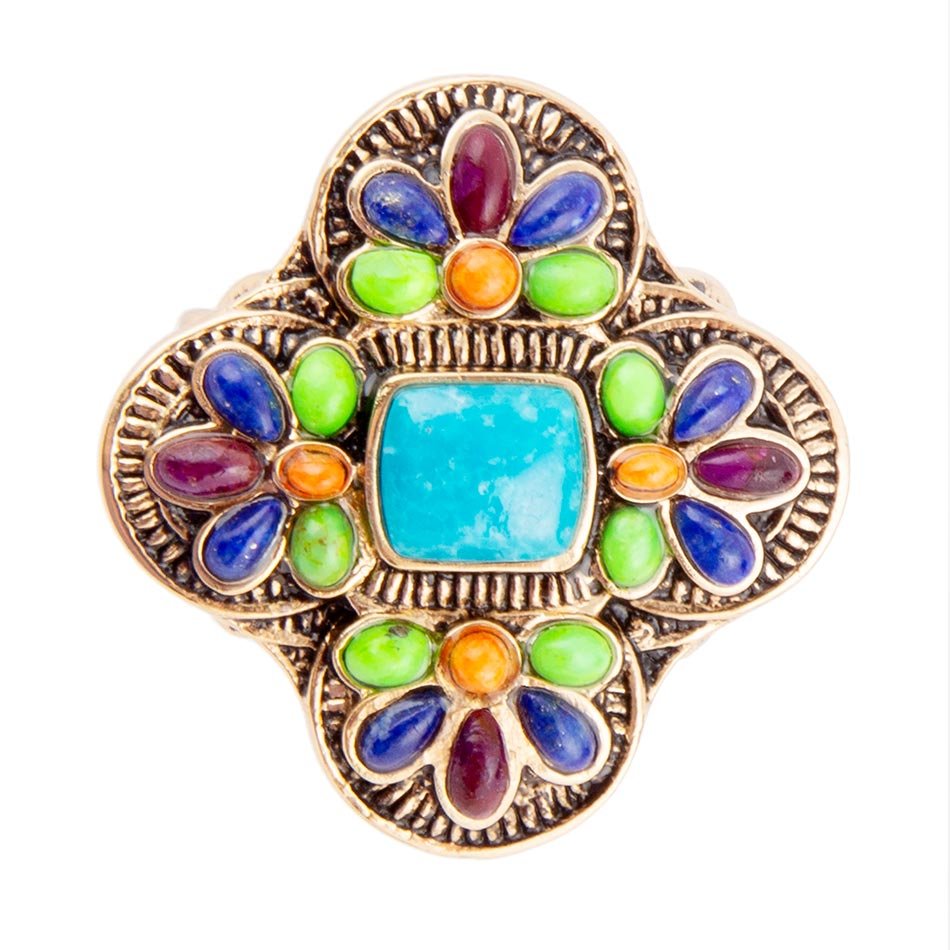 Zion Blue Turquoise Colorful Golden Cross Ring Barse Jewelry