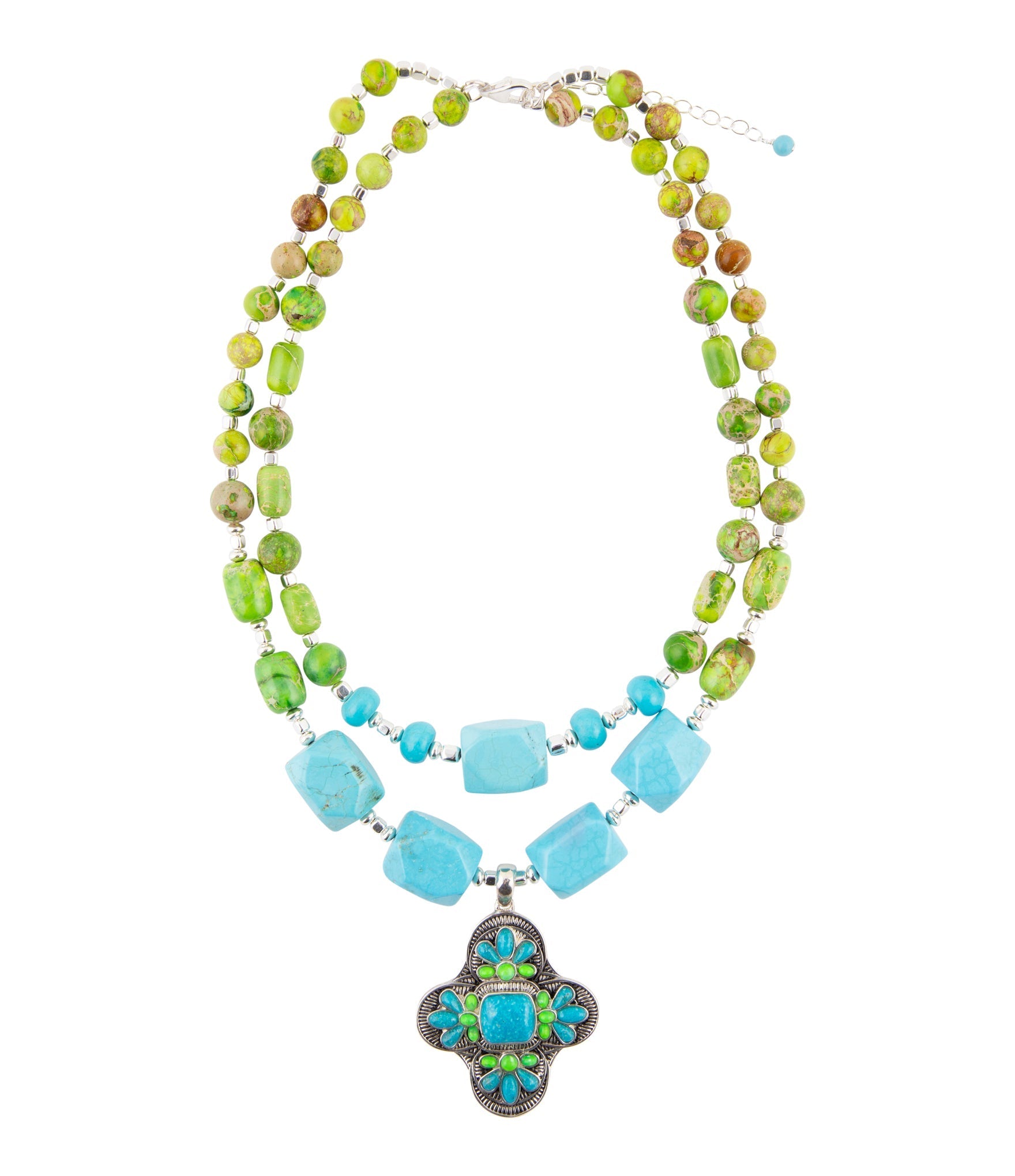 Zion Lime Green and Blue Turquoise and Sterling Silver Statement Necklace Barse Jewelry