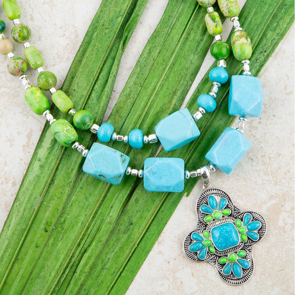 Zion Lime Green and Blue Turquoise and Sterling Silver Statement Necklace Barse Jewelry