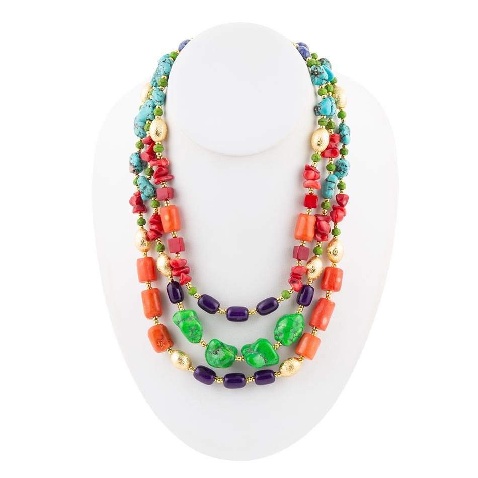 Zion Multi-Color Triple Strand Golden Statement Necklace Barse Jewelry