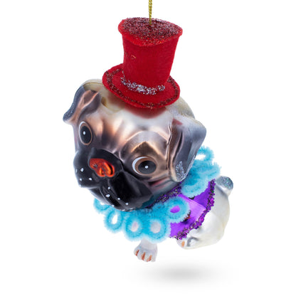 Pug in a Festive Red Hat Glass Christmas Ornament