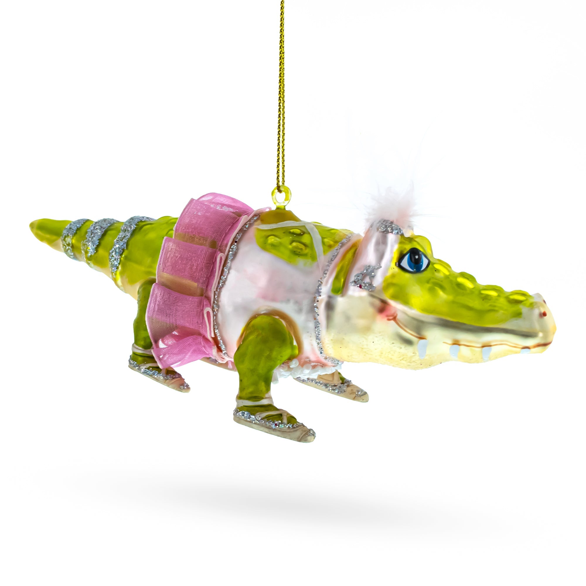 Alligator in Pink Ballerina Ensemble Glass Christmas Ornament