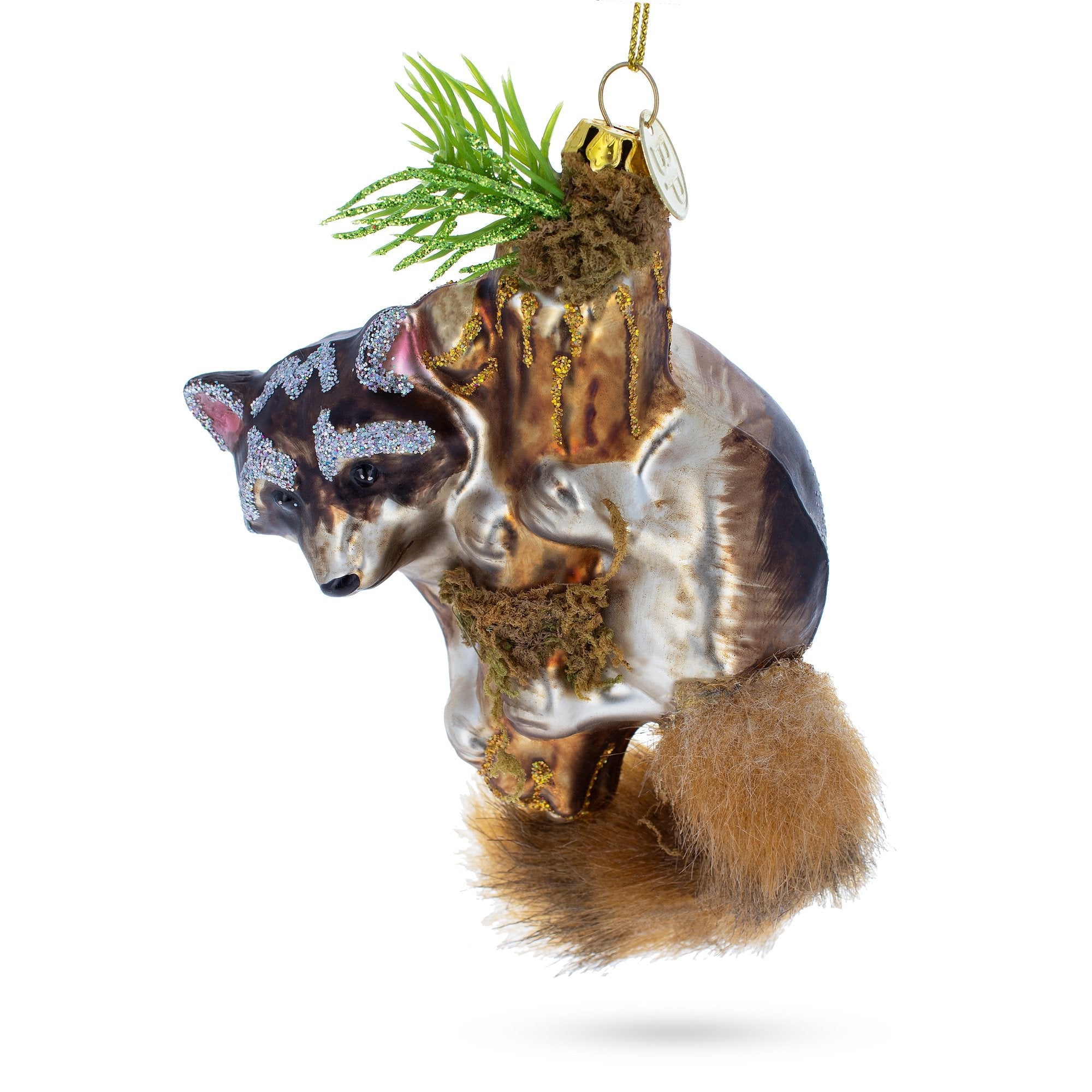 Curious Raccoon Climbing the Tree Glass Christmas Ornament