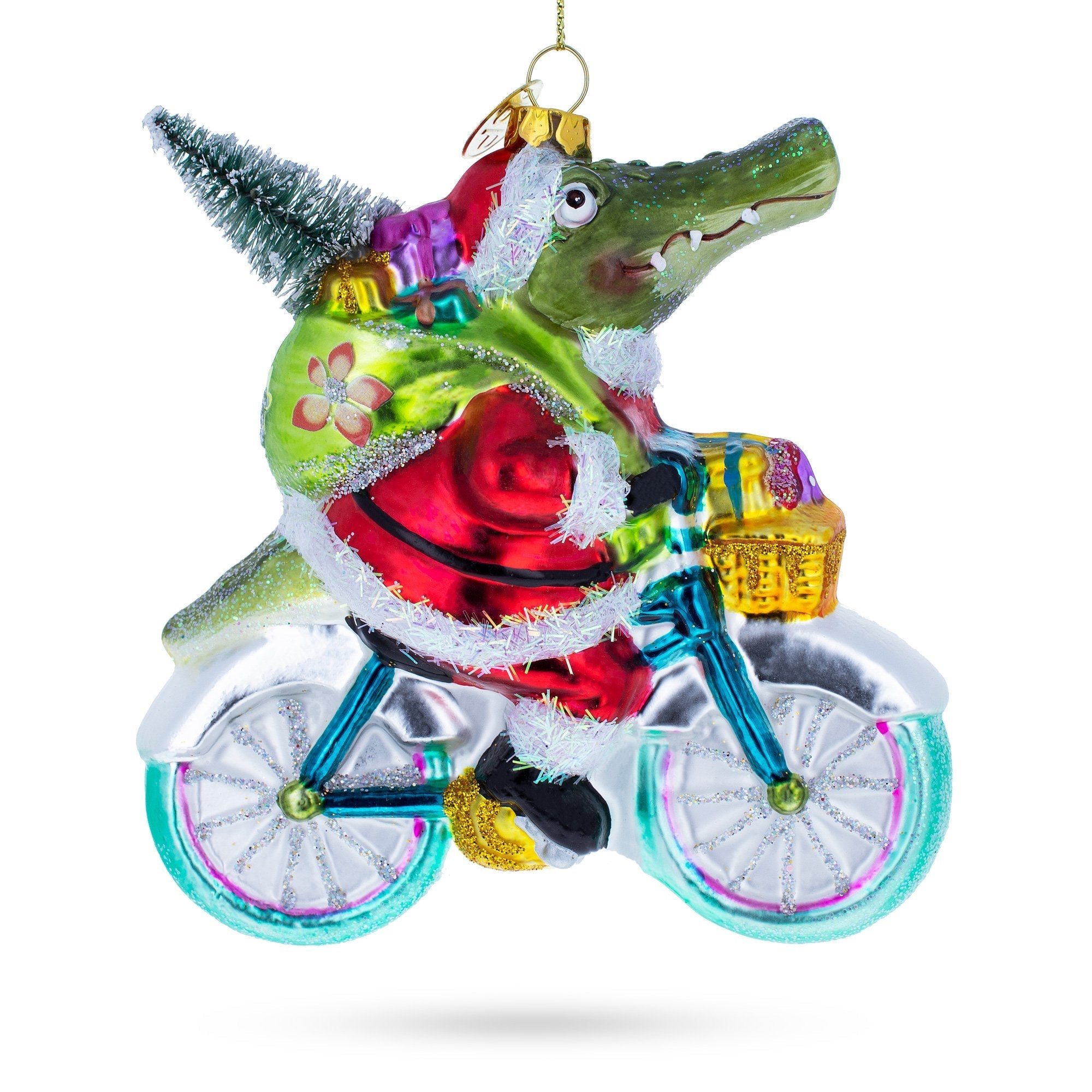 Alligator Riding Bicycle with Gifts Glass Christmas Ornament
