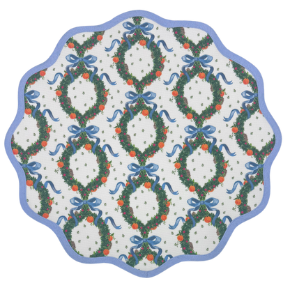 Round Scalloped Placemat | Holiday Wreath - Cornflower Blue