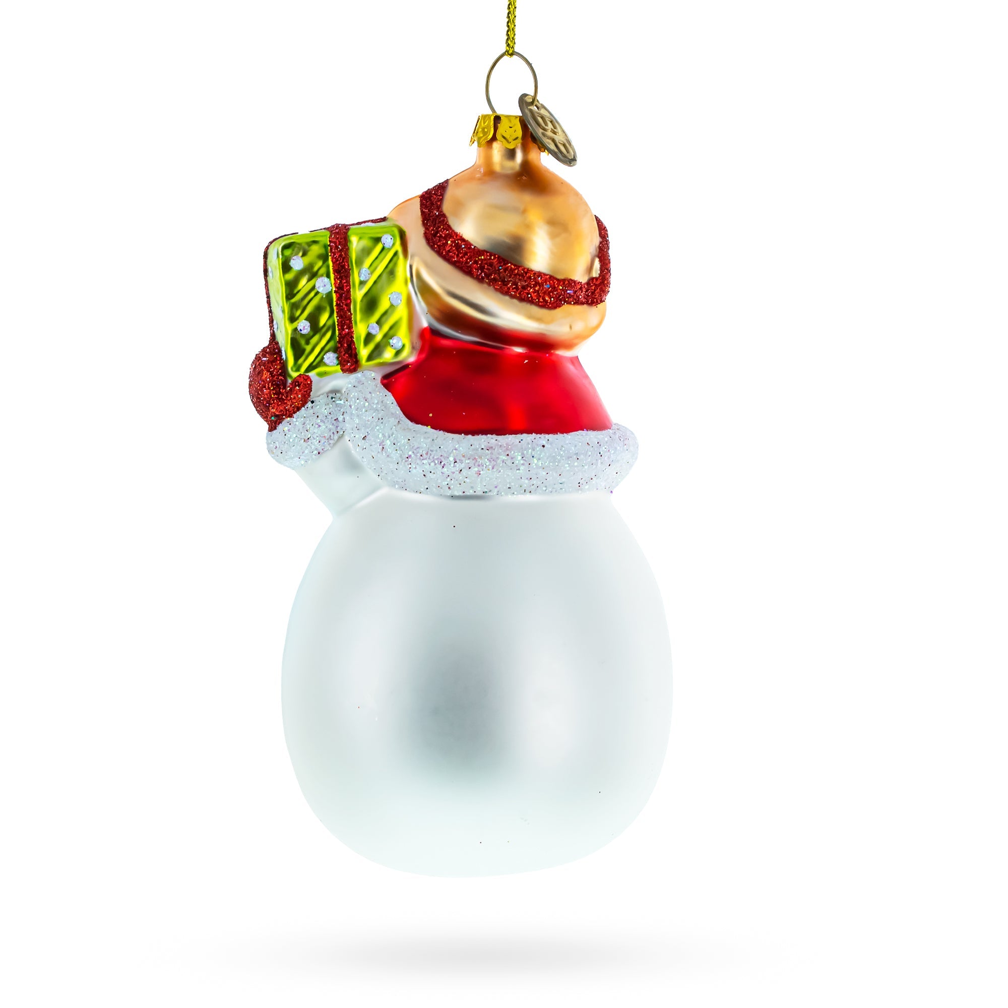 Snowman with Red Cardinals Holding a Gift Glass Christmas Ornament