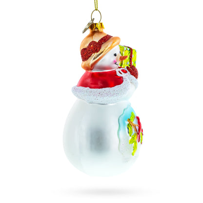 Snowman with Red Cardinals Holding a Gift Glass Christmas Ornament