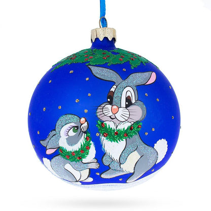 Two Bunnies Glass Ball Christmas Ornament 4 Inches