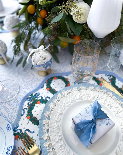 Round Scalloped Placemat | Holiday Wreath - Cornflower Blue