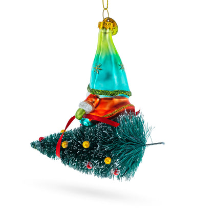 Gnome Adventurer Riding a Festive Tree Glass Christmas Ornament