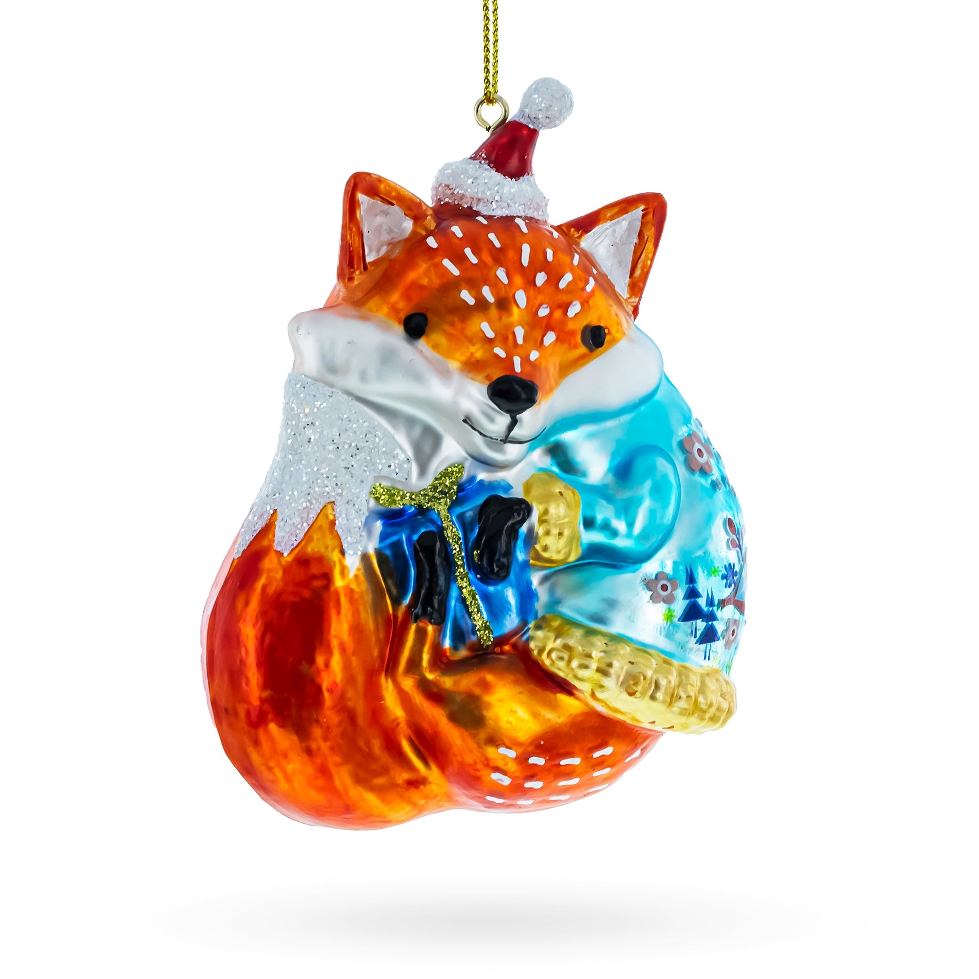 Fox with Gifts Glass Christmas Ornament