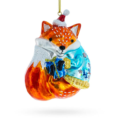 Fox with Gifts Glass Christmas Ornament