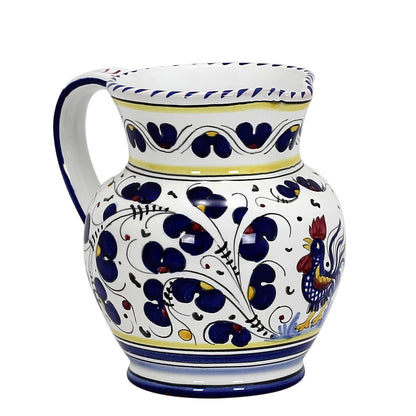 ORVIETO BLU ROOSTER: Traditional Deruta Pitcher (1.25 Liters/40 Oz/5 Cups)