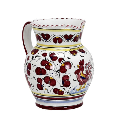 ORVIETO RED ROOSTER: Traditional Deruta Pitcher (1.25 Liters/40 Oz/5 Cups)