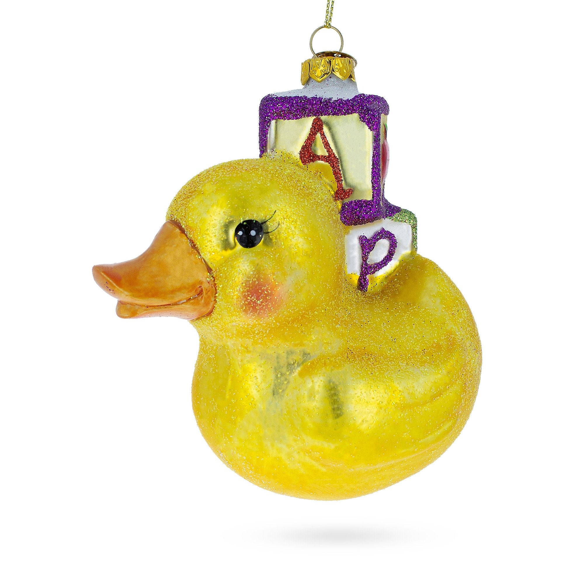 Educational Yellow Duck with ABC Blocks Glass Christmas Ornament