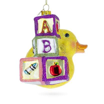 Educational Yellow Duck with ABC Blocks Glass Christmas Ornament