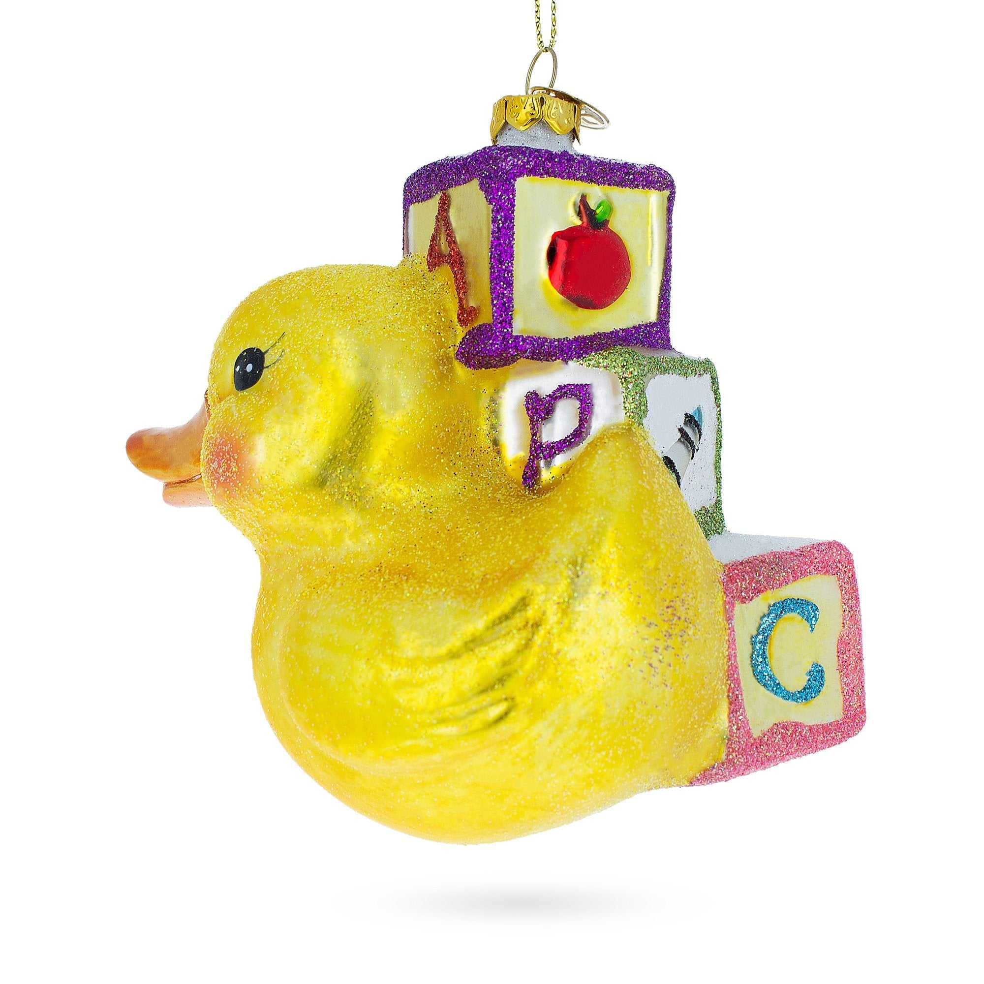 Educational Yellow Duck with ABC Blocks Glass Christmas Ornament