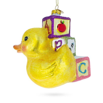 Educational Yellow Duck with ABC Blocks Glass Christmas Ornament