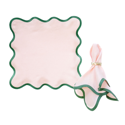 Linen Scalloped Square | Peony Pink with Pine Green