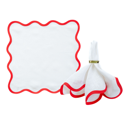 Linen Scalloped Square | Lily White with Rosebud Red