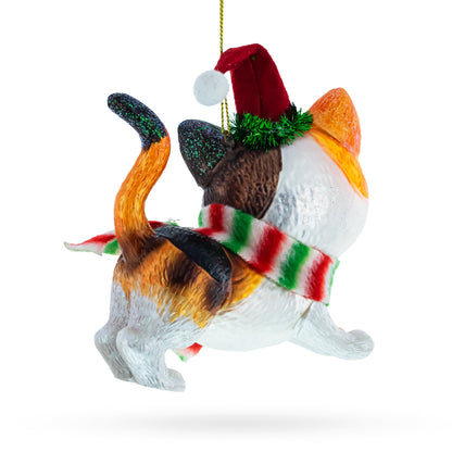 Calico Cat with Scarf Glass Christmas Ornament