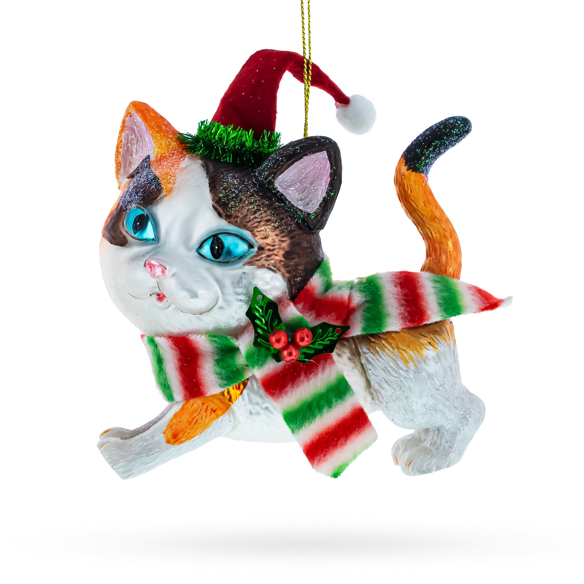 Calico Cat with Scarf Glass Christmas Ornament