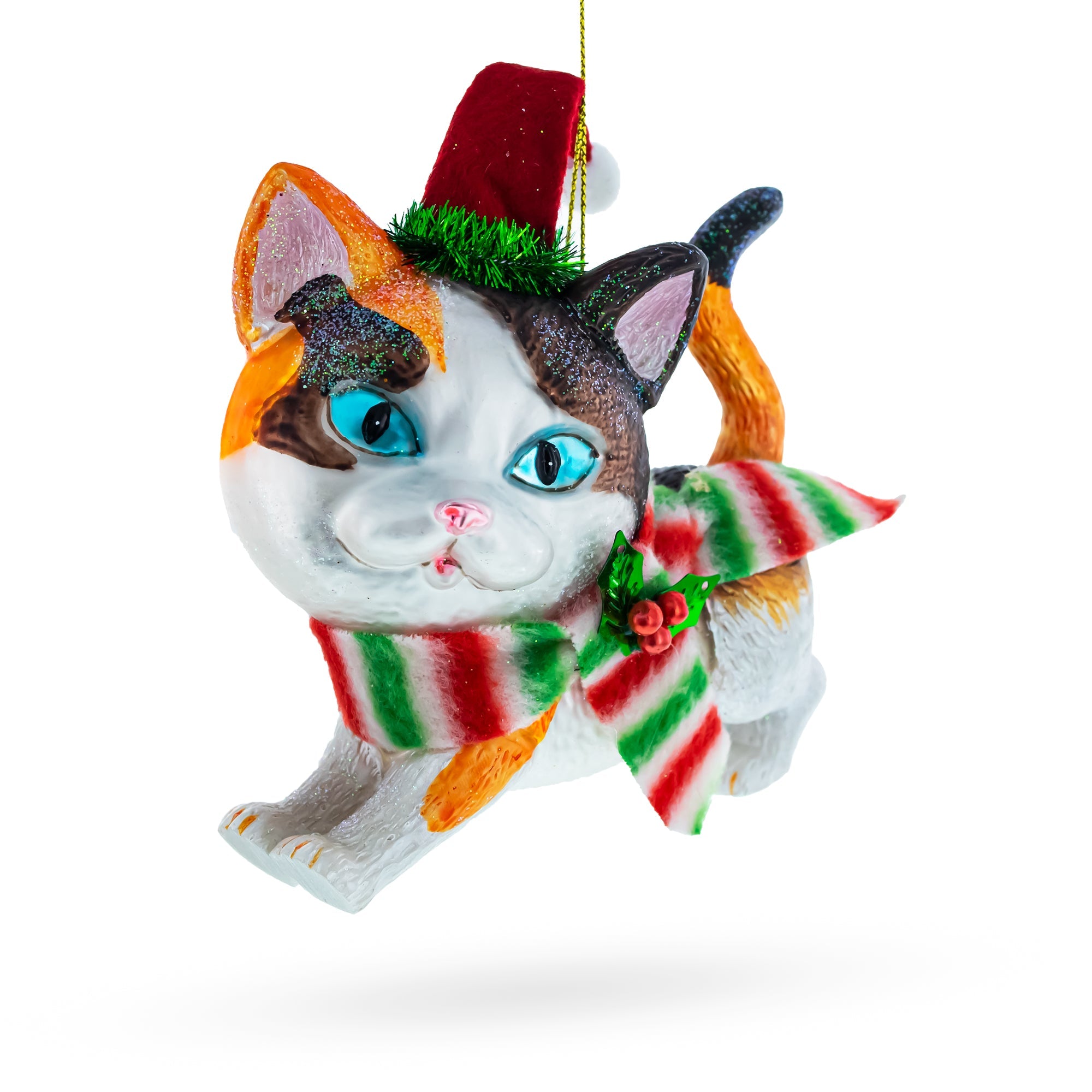 Calico Cat with Scarf Glass Christmas Ornament