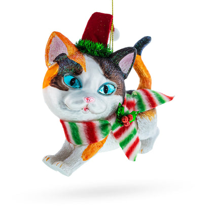Calico Cat with Scarf Glass Christmas Ornament