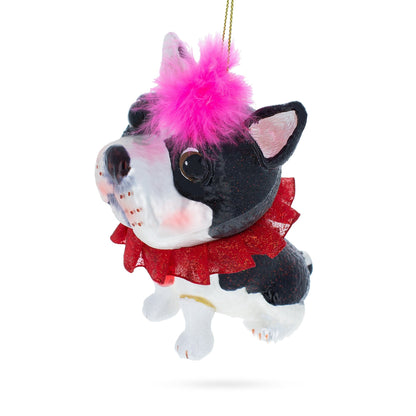 Boston Terrier with Pink Feather Glass Christmas Ornament