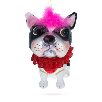 Boston Terrier with Pink Feather Glass Christmas Ornament