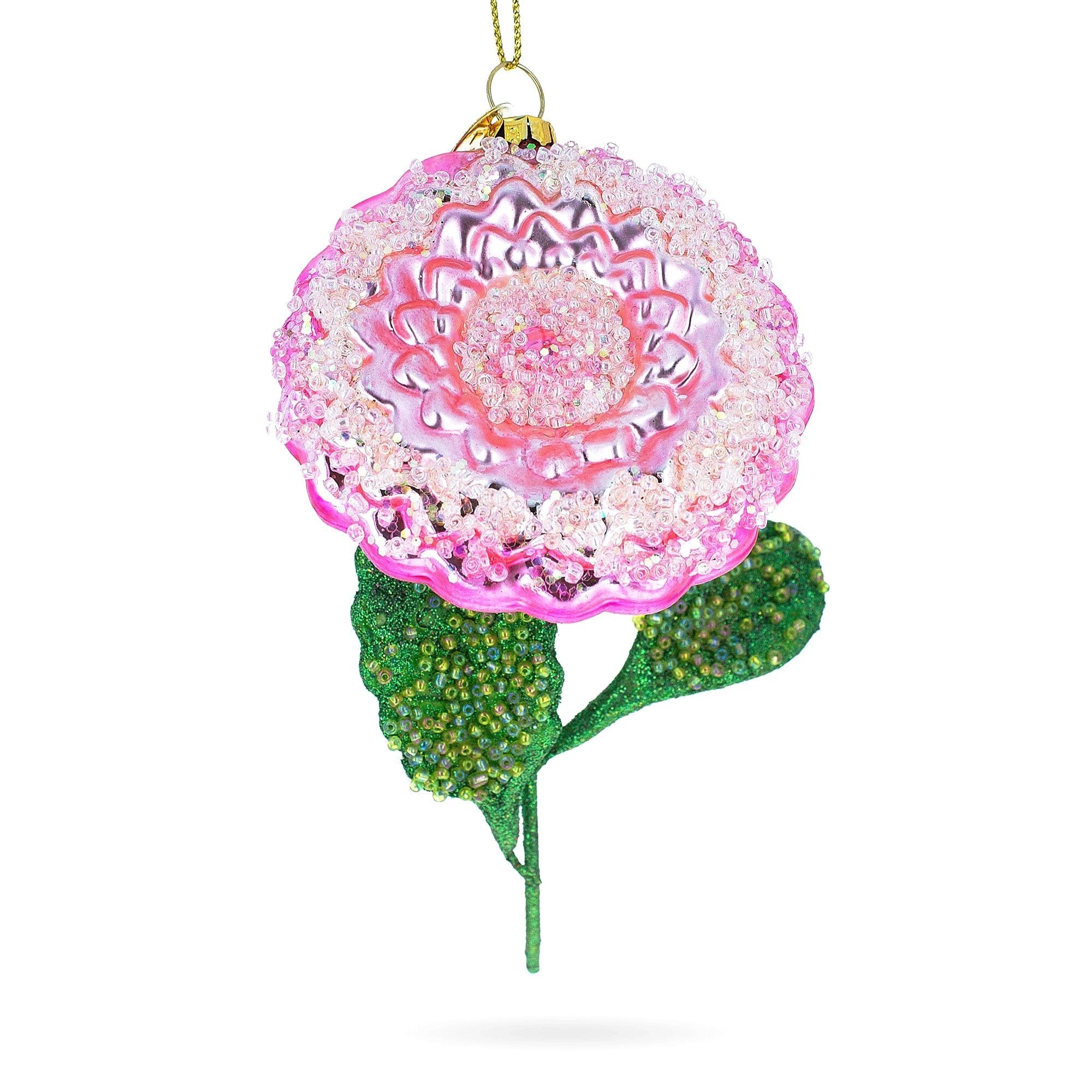 Pink Flower with Colorful Beads Glass Christmas Ornament