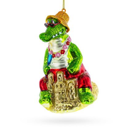 Alligator Relaxing on the Beach Glass Christmas Ornament