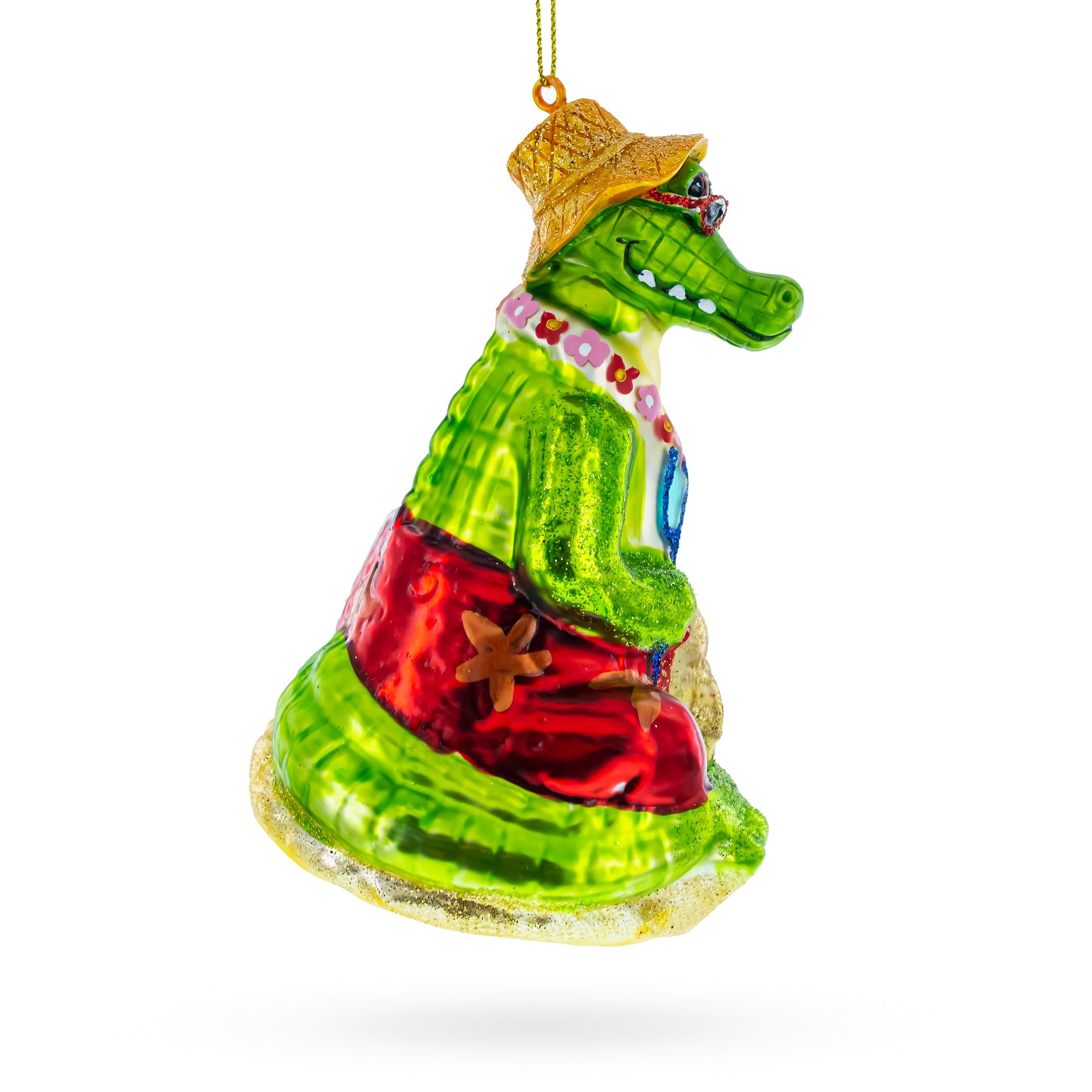 Alligator Relaxing on the Beach Glass Christmas Ornament