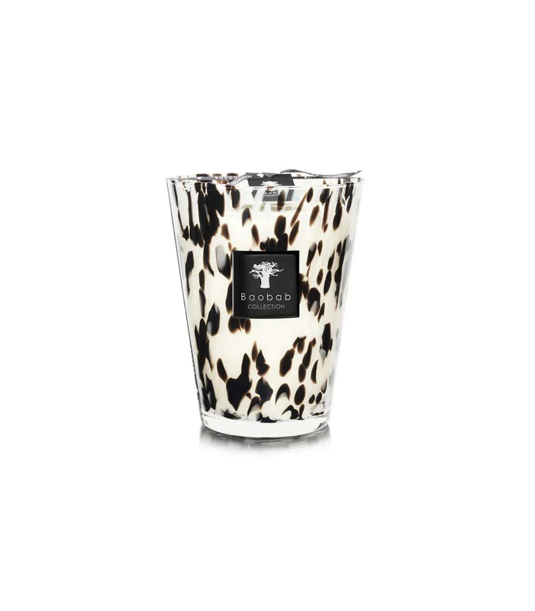 Baobab Collection Candle Pearls Black featuring sleek hand-blown glass with black and white patterns.