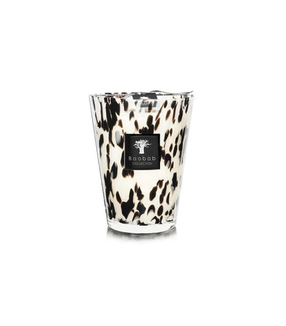 Baobab Collection Candle Pearls Black featuring sleek hand-blown glass with black and white patterns.