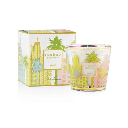 Baobab Collection scented candle 'My First Baobab Miami' with pastel art deco design and packaging.