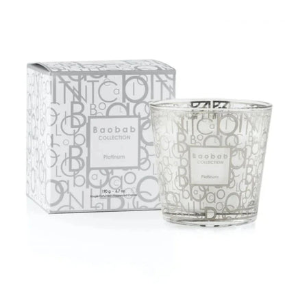 Baobab Collection Platinum scented candle in decorative glass, burn time 30h, fresh grapefruit, amber, vetiver fragrance.